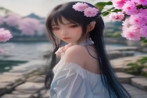 女性穿着白色蕾丝花纹丝袜脚搭配浅色连衣裙与白色帆布鞋，在街边花市前驻足，画面清新浪漫